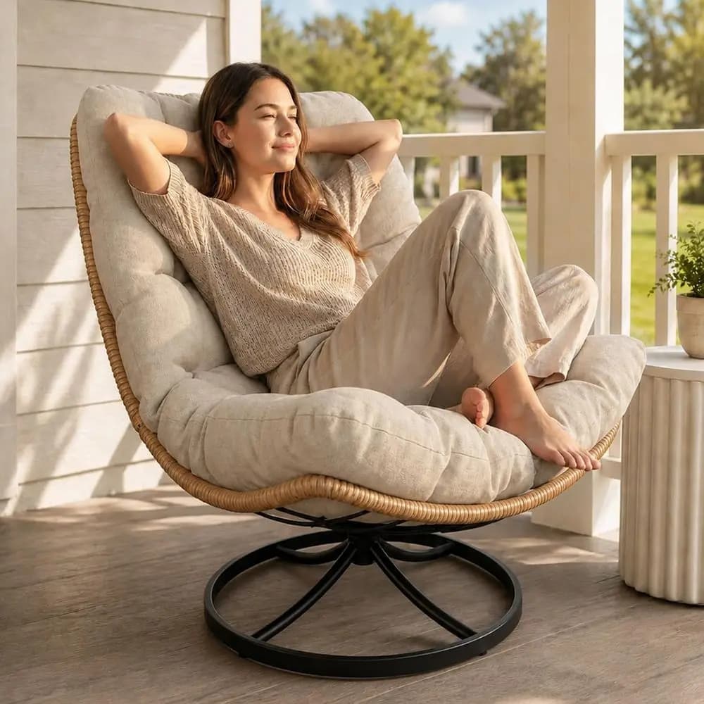 360° Swivel Rattan Chair with Cushion for Patio, Balcony, Living Room - Beige