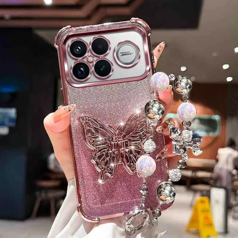 3D Butterfly Holder Bracelet Plating Case for Xiaomi Poco F8 F7 Ultra F6 Pro Shockproof Silicone Cover
