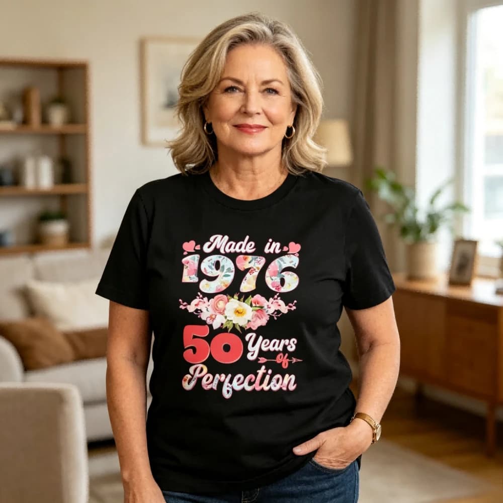 Maglietta floreale per il 50° compleanno, realizzata nel 1976, 50 anni di perfezione, maglietta da donna, edizione limitata, maglietta unisex per festa del 50° anniversario, regalo