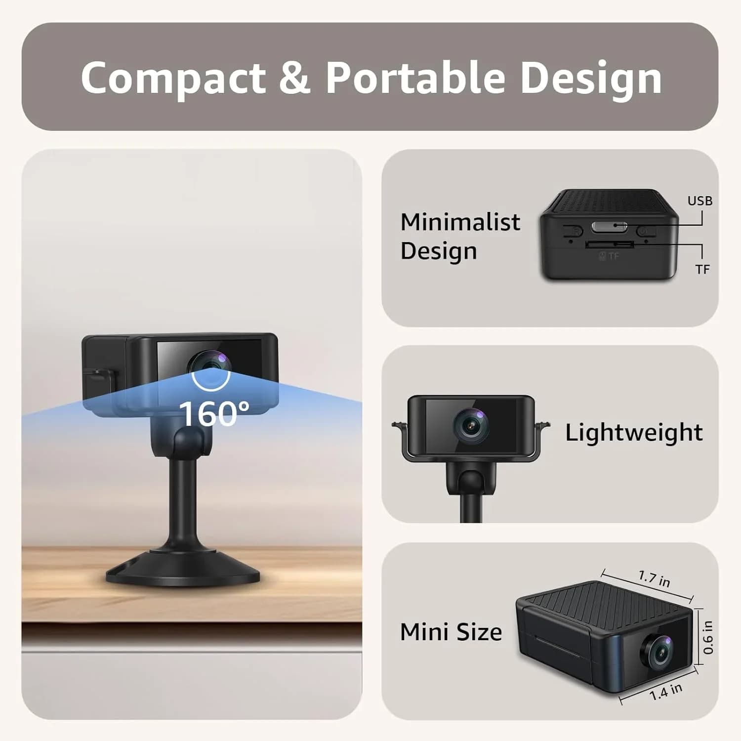 Mini Telecamera 4K HD WiFi IP/AP per Sicurezza con Visione Notturna e Monitoraggio Bambini ​ 160 ° Telecamera Spia Grandangolare con Rilevamento di Movimento e Archiviazione SD/Cloud