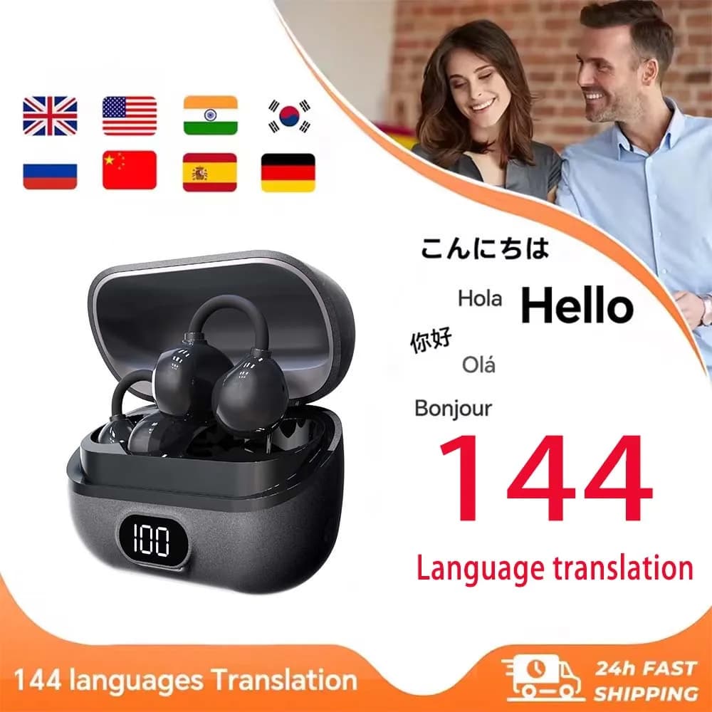 Auricolari per traduzione AI in tempo reale, auricolari per traduttore di 144 lingue Bluetooth wireless a orecchio aperto 40 ore, cuffie per traduzione