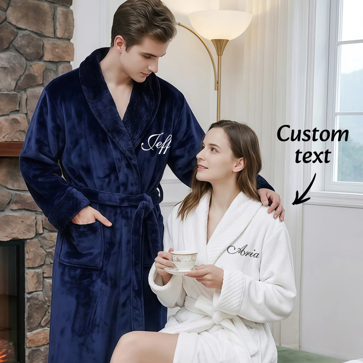 Personalized Couple Bathrobes | Custom Name Embroidery Matching Robes | Navy & White Fleece Sleepwear