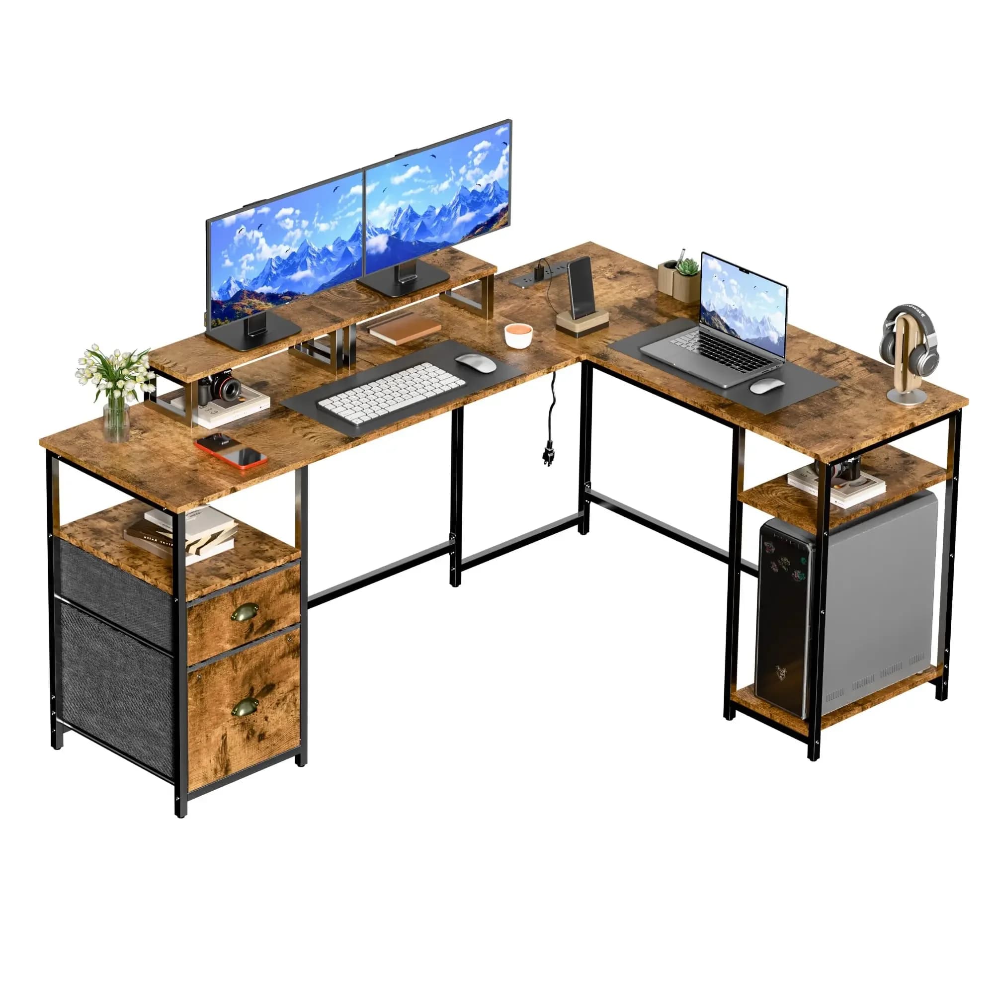 Scrivania a L da 65,3 pollici con prese di corrente, supporto per monitor, cassetti e spazio contenitivo, scrivania rustica per ufficio domestico e gaming