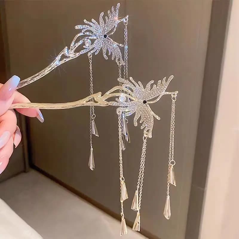 High-End Butterfly Wind Chime Tassel Hairpin, Back-Of-Head Updo Hairpin, Rhinestone Hairpin, Vintage Ancient Style Hair Accessory