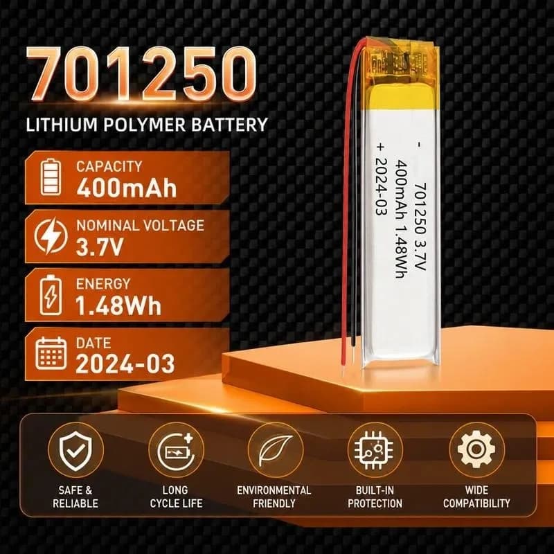 100pcs 701250 400mAh Polymer Lithium Battery for Bluetooth Neck Earphone Electric Toothbrush Beauty Instrument Rechargeable