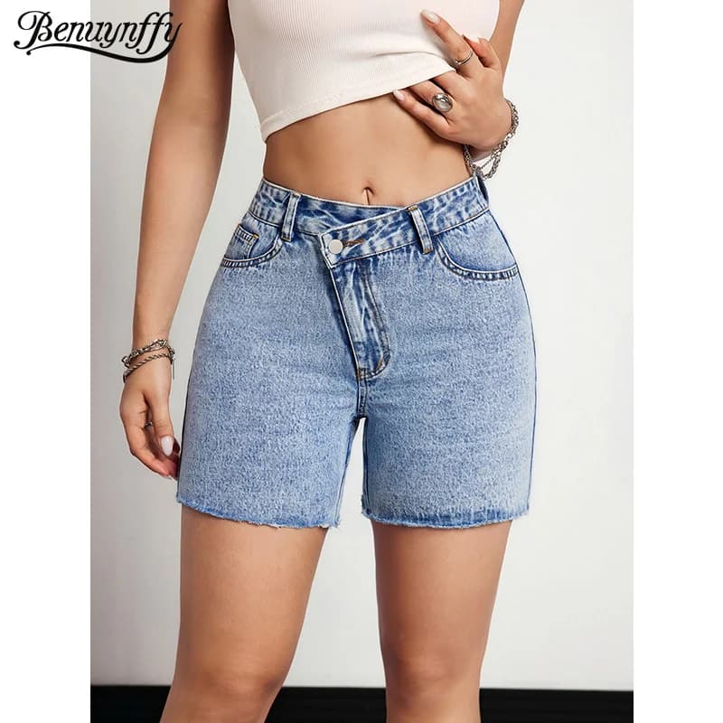 Benuynffy Asymmetrical Waist Raw Hem Tight Denim Shorts Women's Summer Retro Fashion Slim All Match Female Jean Shorts 2026 New