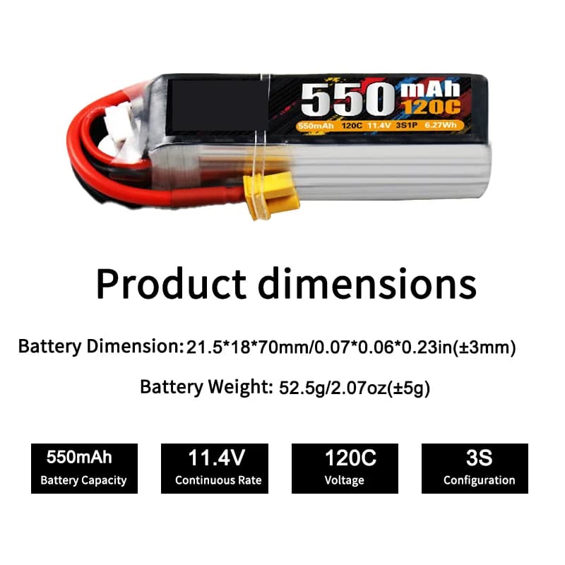 Batteria ad alte prestazioni da 550mAh 120C 11.4V 3S per droni FPV da corsa, quadricotteri, elicotteri, auto RC, barche e modellini di aerei
