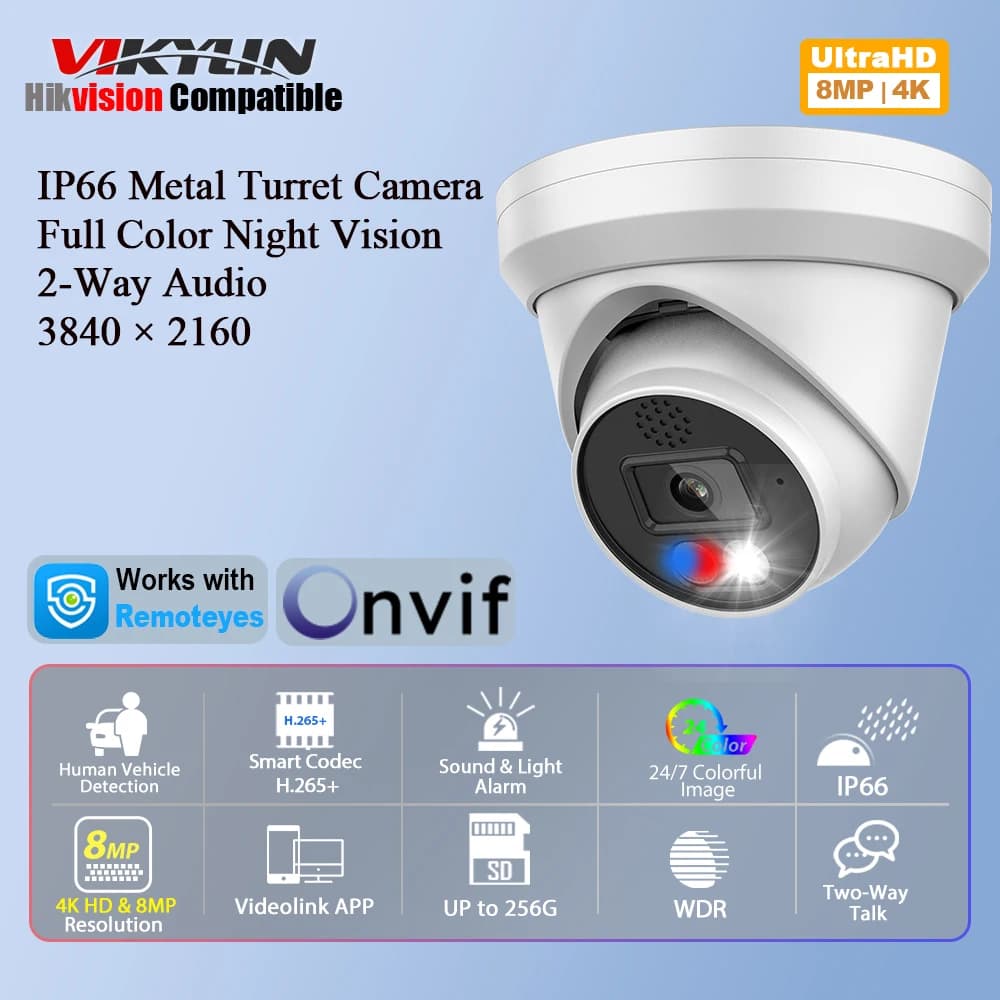 Vikylin 4K 8MP Alarm Full Color IP Camera 2-Way Audio Human Car Detection Outdoor Video Surveillance Security POE Camera Onvif