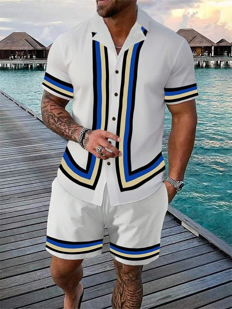 2025 New Men's Beach Wear 2-Piece Quick Drying Hawaiian Shirt Shorts Set Summer Men's Fashion Striped Print Casual Wear