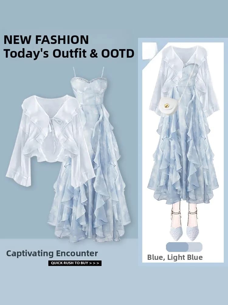 Elegant Summer Outfit Women's Beautiful Sunscreen Top Soft Blue Halter Dress Two-Piece Set French Style Waist-Cinched Gown