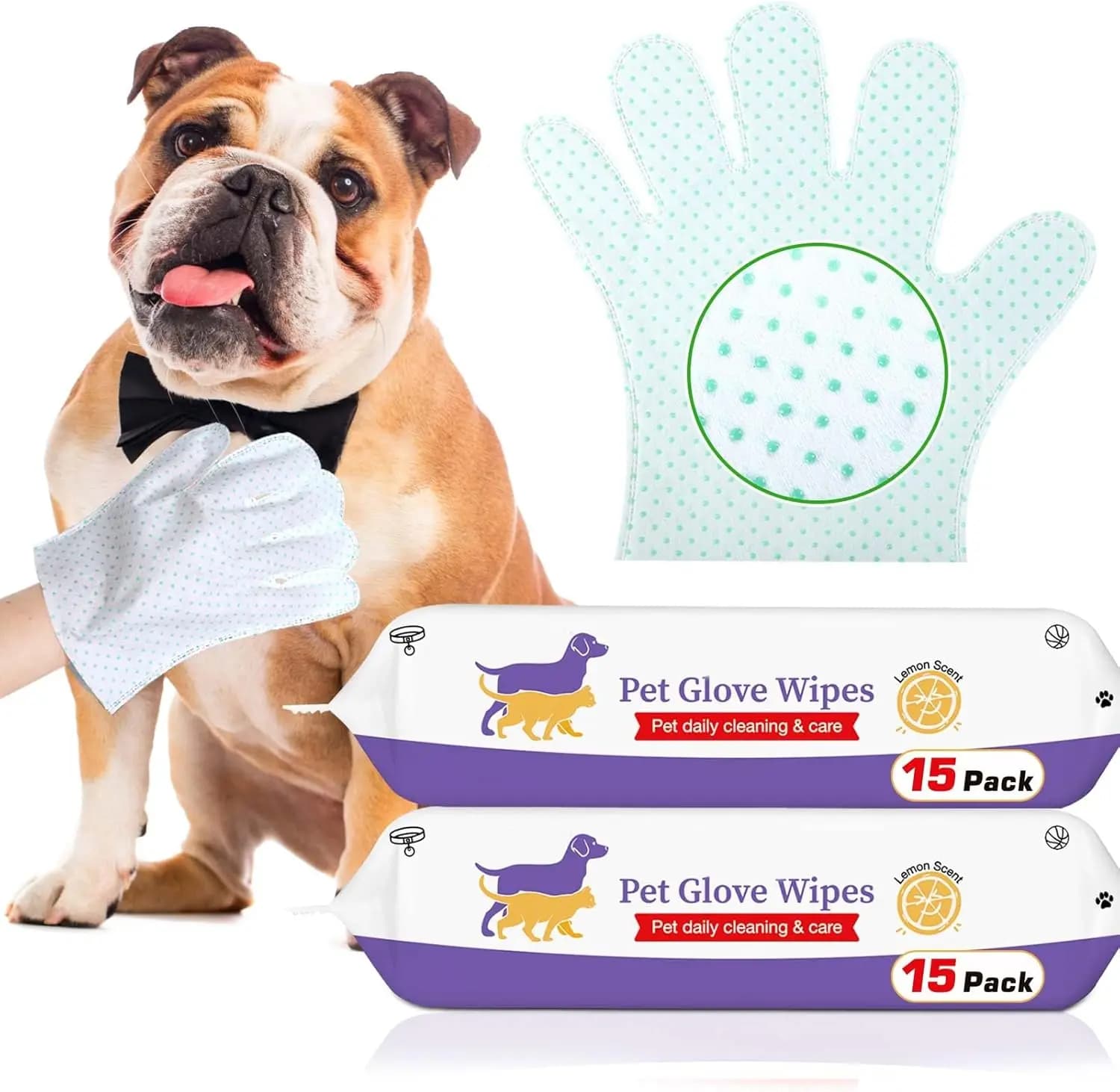Salviette per la Pulizia dei Cani 30pz, Guanti Deodoranti Monouso per la Toelettatura degli Animali, Spessi, Senza Risciacquo, Shampoo a Secco per Cani e Gatti