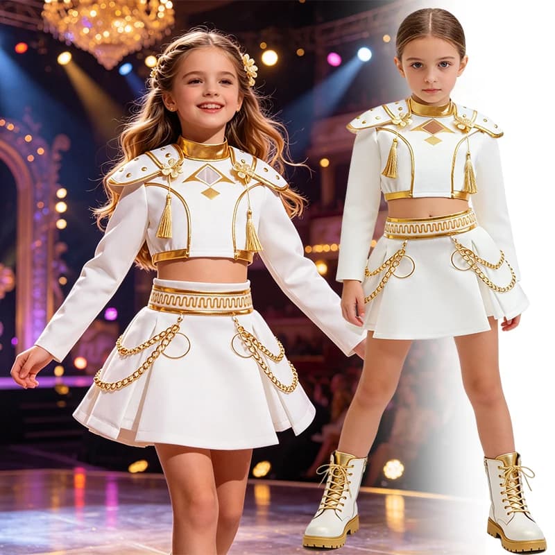 Set di costumi cosplay bianchi e dorati per ragazze, con spalline e gonna a catena, per giochi di ruolo per feste di compleanno di Halloween