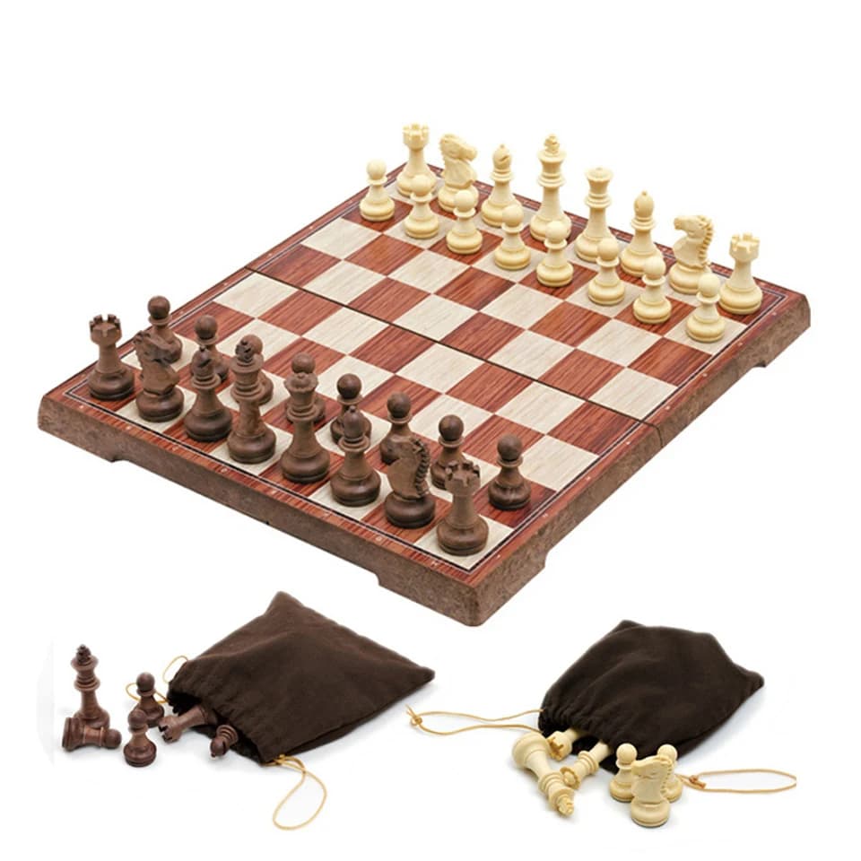 Set di scacchi in finto legno, gioco da tavolo per famiglie, gioco di scacchi con scacchiera pieghevole portatile, pezzi di scacchi in plastica