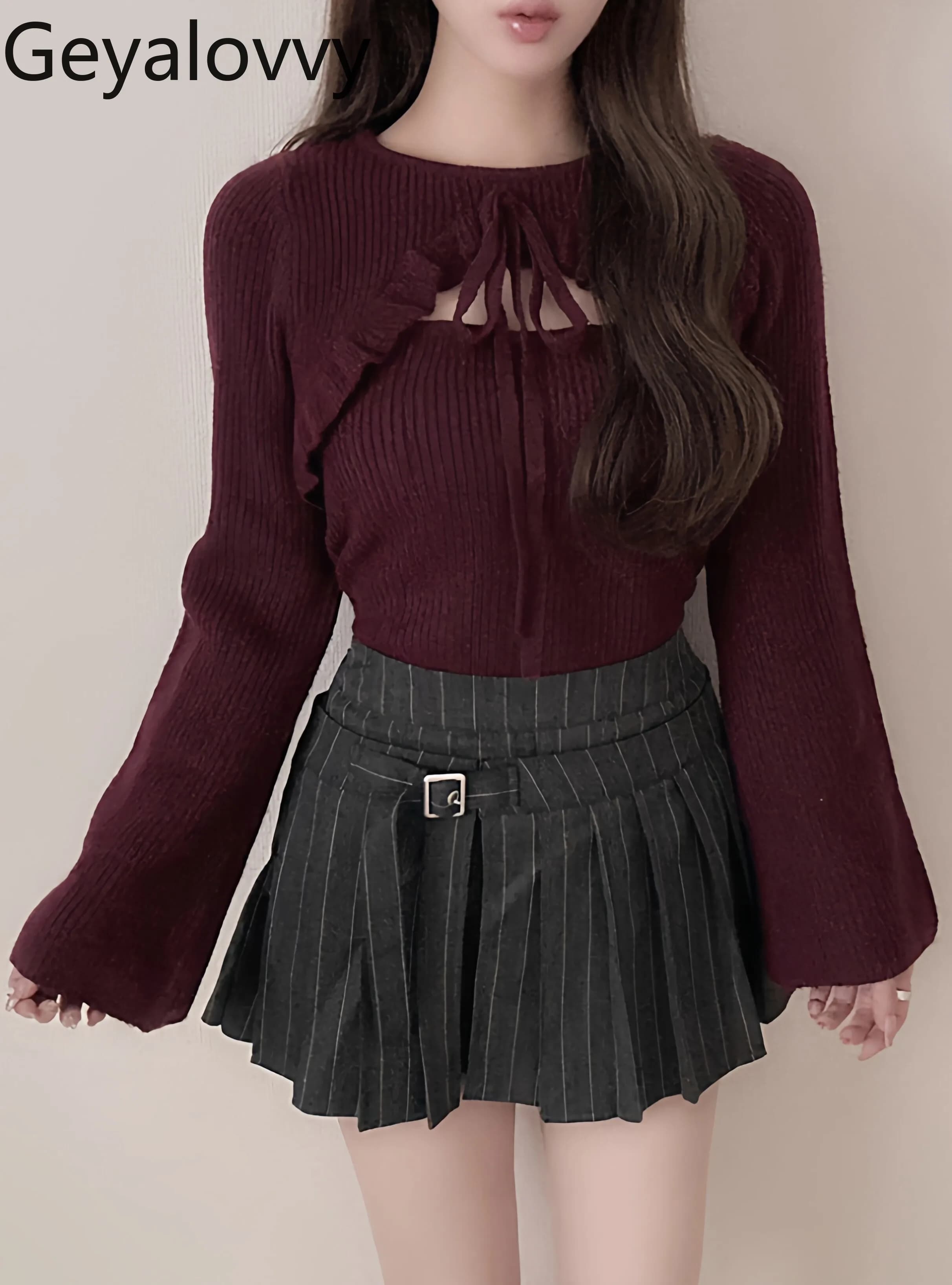 Nuovo Maglione Giapponese Stile Dolce con Collo Rotondo, Lavorazione a Maglia Traforata, Fiocco e Volant, Moda Primavera-Autunno, Manica Lunga