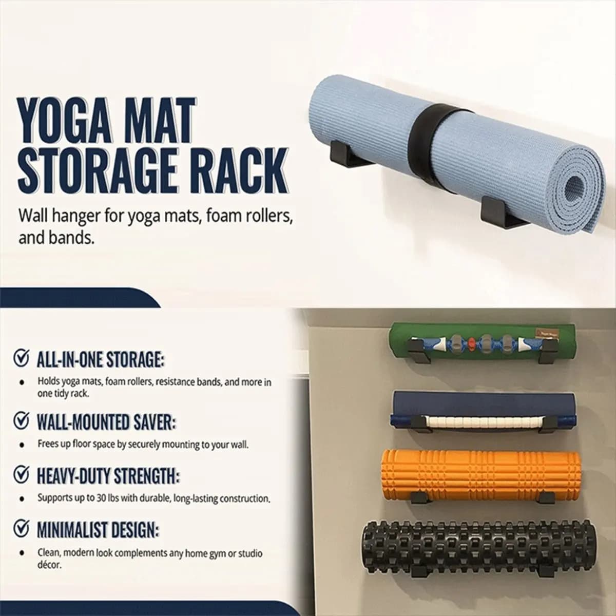 New yoga mat holder, foam roller, fitness exercise bands, wall hooks, gym organizer