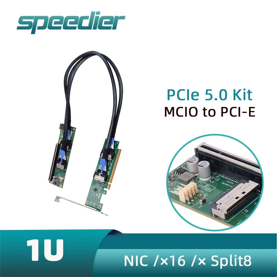 PCIe 5.0 X16 To Dual MCIO 8i Splitter Card 1U Low Profile Gen5 Expansion Adapter for NVMe U.2 SSD External GPU Server Storage