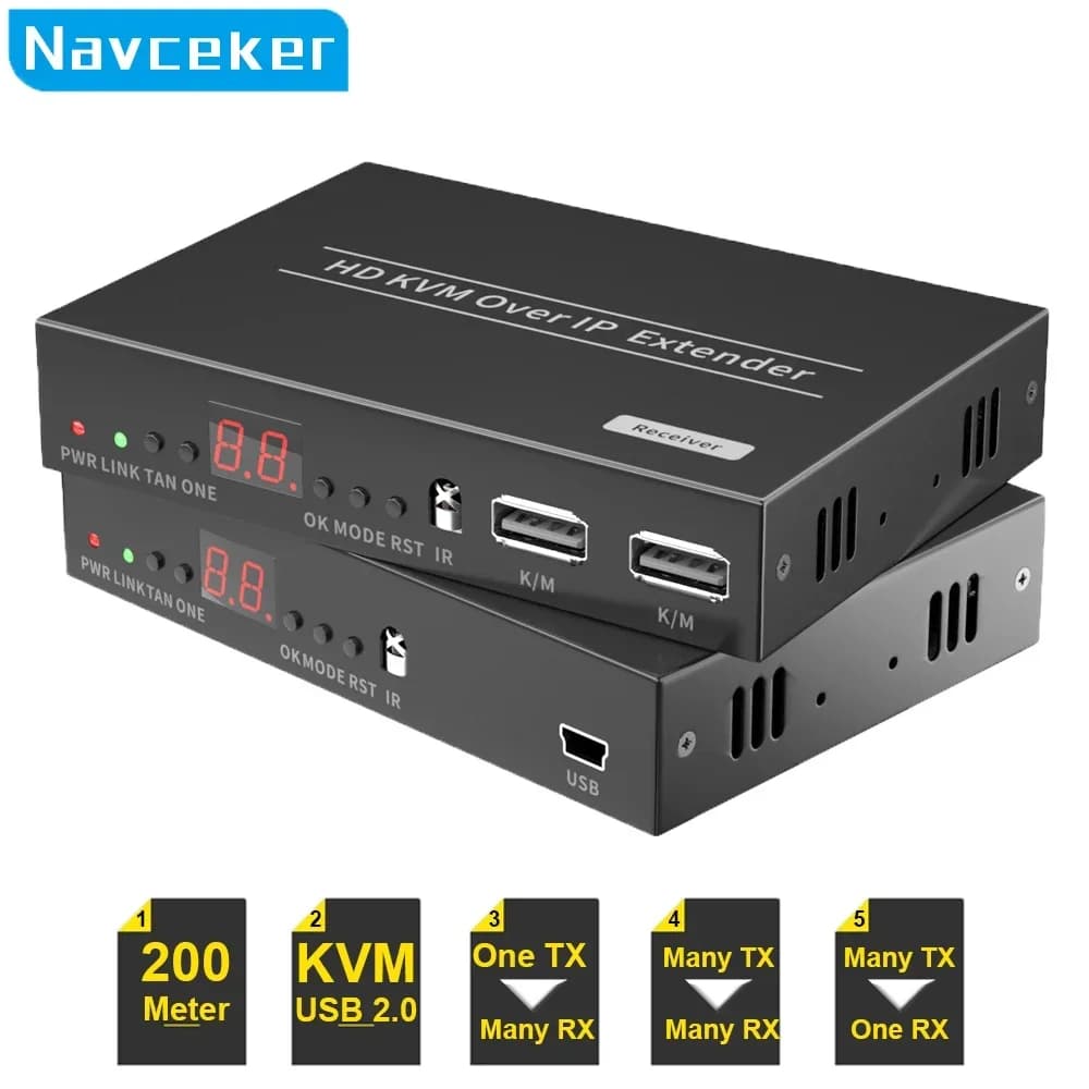 Extender KVM USB 2.0 IP Network Navceker with RJ45 ports, HDMI 1080P on LAN, HDMI KVM extender 200m via Cat5, Cat5e, Cat6