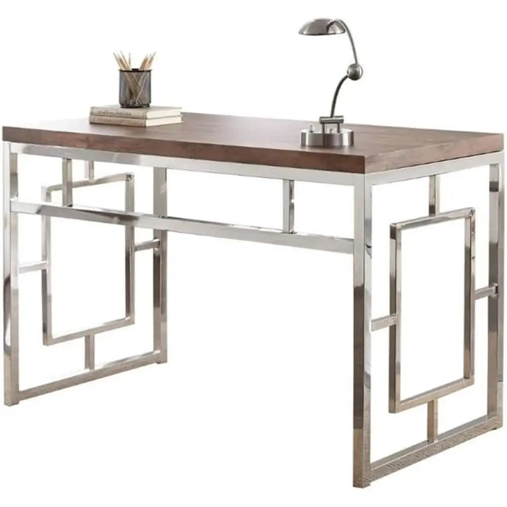 Scrivania con piano in legno laminato 3D da 47 pollici, base moderna cromata, per computer/gaming/scrittura, supporto per monitor, studio, marrone