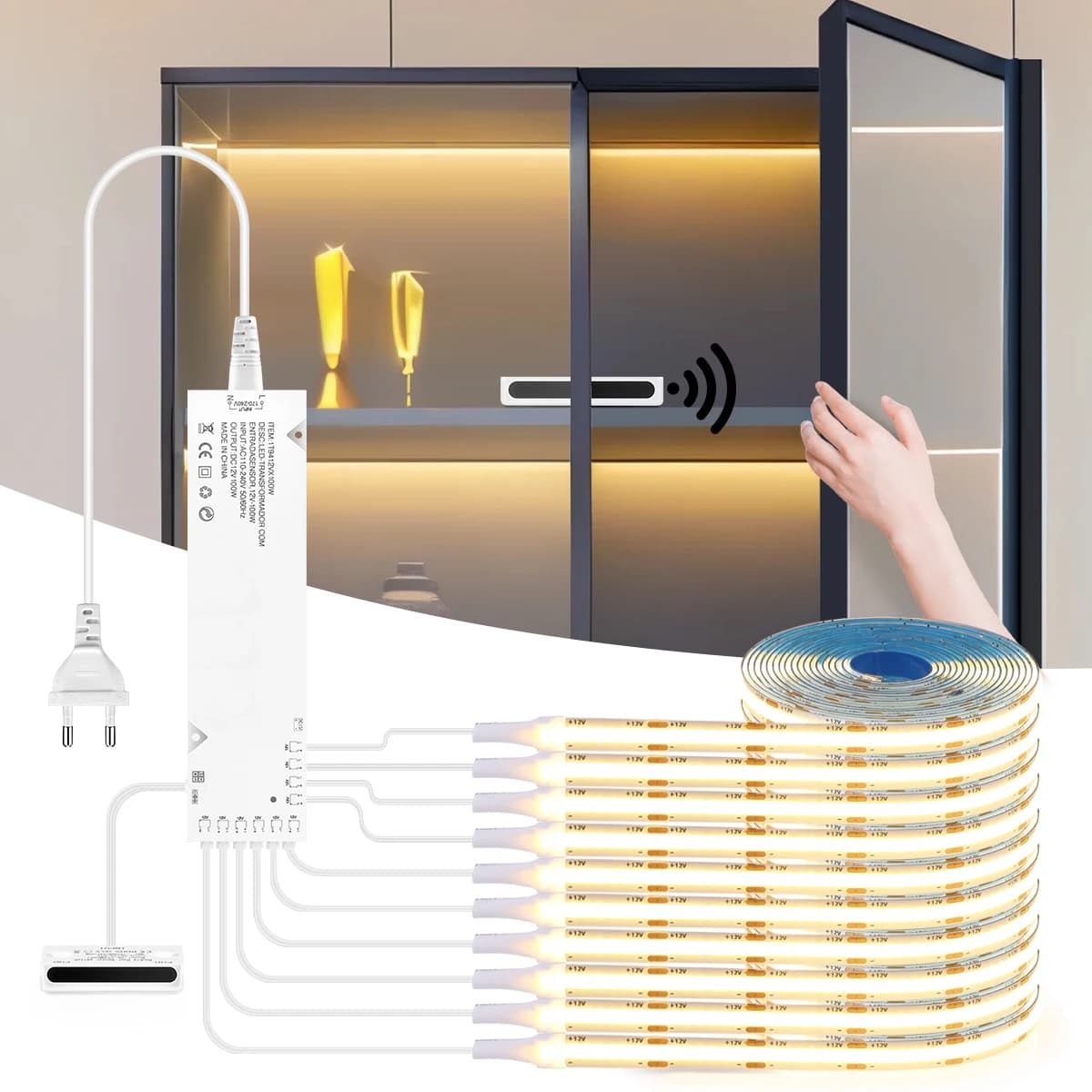 1-10 Pezzi Striscia LED COB 12V con Sensore Intelligente a Doppia Porta per Sottopensile, Nastro LED FCOB Fai da Te per Decorazione Cucina, Armadio, Guardaroba