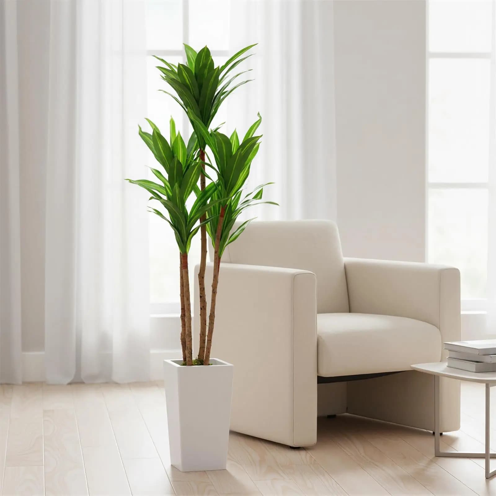 Artificial Plant Dracaena 4.8FT, Fake Yucca Tree in High White Vase, Artificial Plants Fake from Floor in Vase for Home and Office