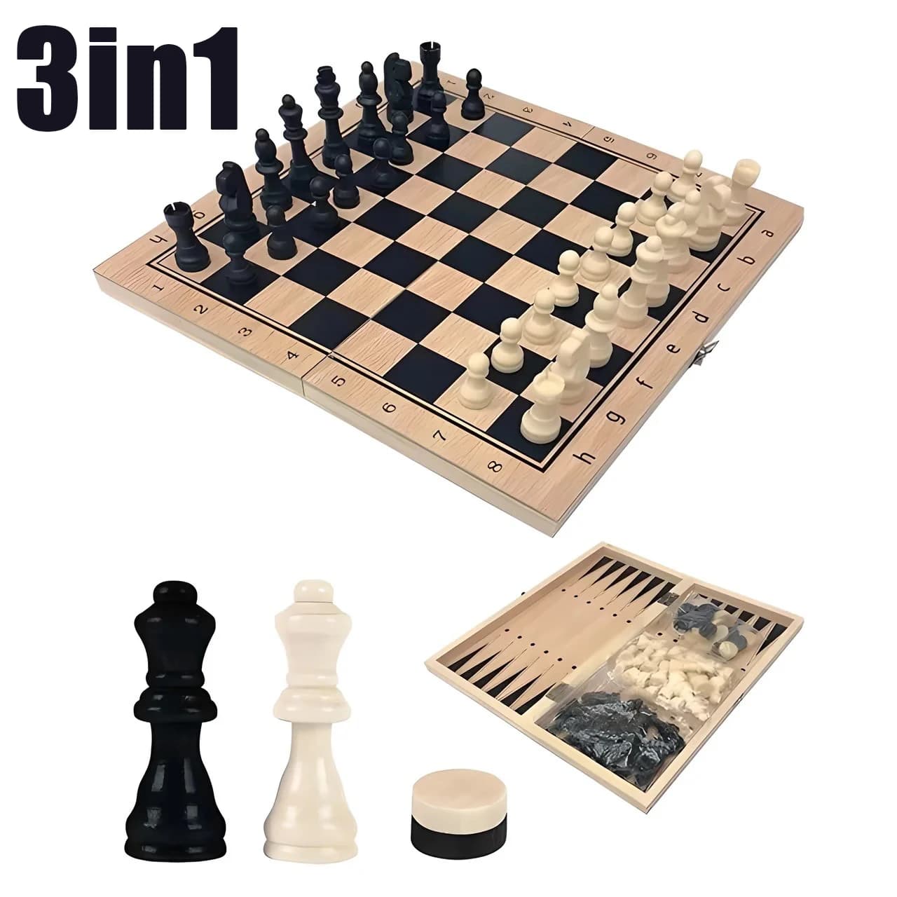 Portable 3-in-1 Wooden Chess Board Game Folding Adult Wooden Chess Set