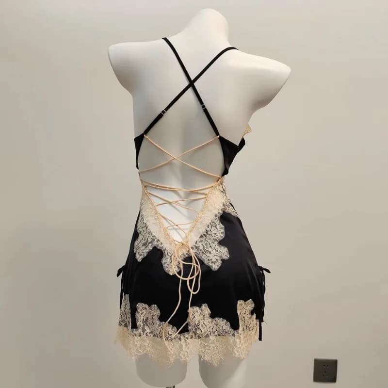 Pigiama sexy per le donne Indumenti da notte Pizzo di seta del ghiaccio Bellissimo pigiama con bretelle sul retro Abito da notte Elegante cinturino Dolce camicia da notte 2025