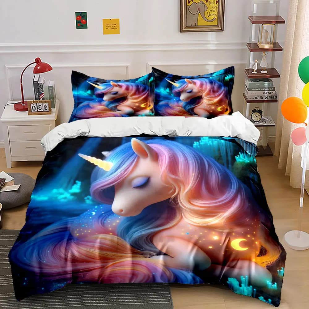 Set copripiumino stampato Dreamy Rainbow Unicorn Night, 1 copripiumino + 2 federe, decorazioni per la camera da letto in diverse misure, regali di lusso