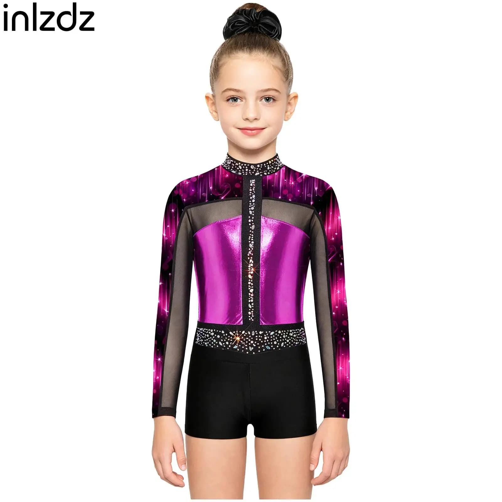Completo da Danza Latina e Balletto per Bambini, Set 3 Pezzi con Body da Ginnastica a Maniche Lunghe con Strass e Patchwork, Pantaloncini e Elastico per Capelli