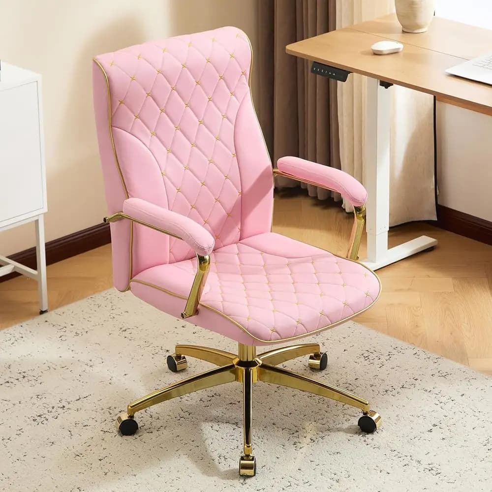 Sedia da ufficio rosa e oro, sedie girevoli in pelle, sedile regolabile a 4 gambe con braccioli imbottiti, design ergonomico imbottito