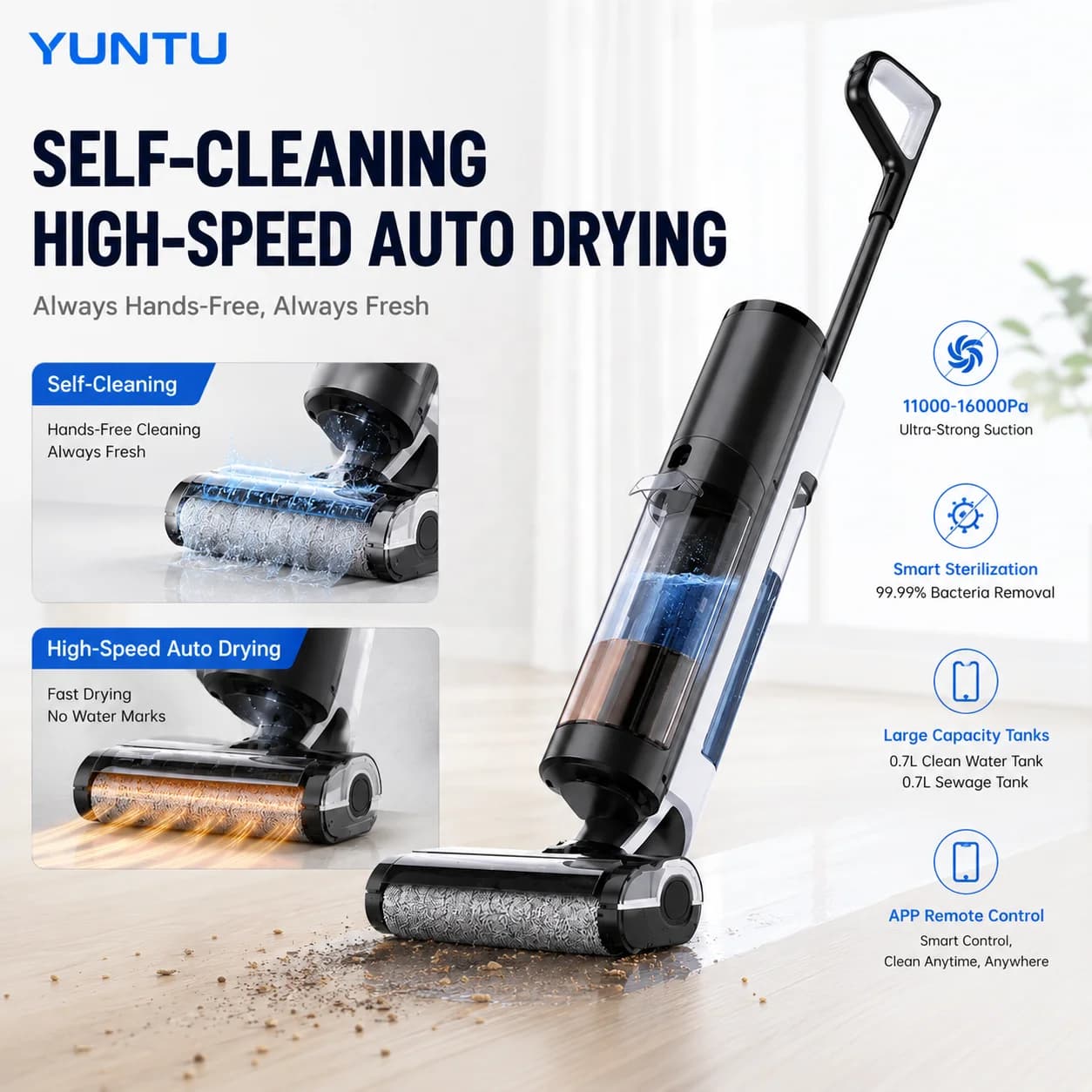 Smart Wet Dry Vacuum Cleaner | 16000Pa Strong Suction Self Cleaning | High Speed Auto Drying Floor Washer for Home Hard Floor