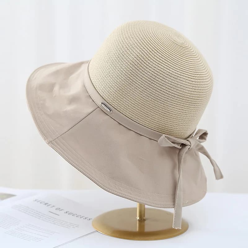 Japanese Korean Style Women Bucket Hat Bow Tie Strap Fabric & Straw Spliced UV Protection Sun Hat Summer Casual Shade Cap