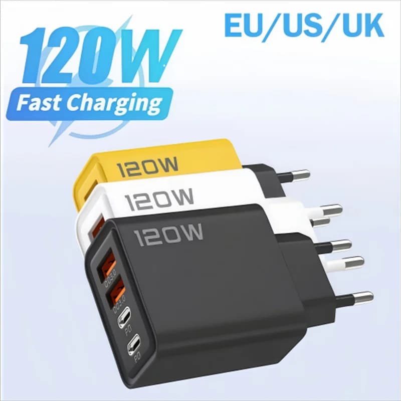 Adattatore per caricabatterie da muro universale per telefono cellulare USB tipo C totale da 120 W per iPhone Samsung Xiaomi POCO Caricatore da viaggio EU US UK