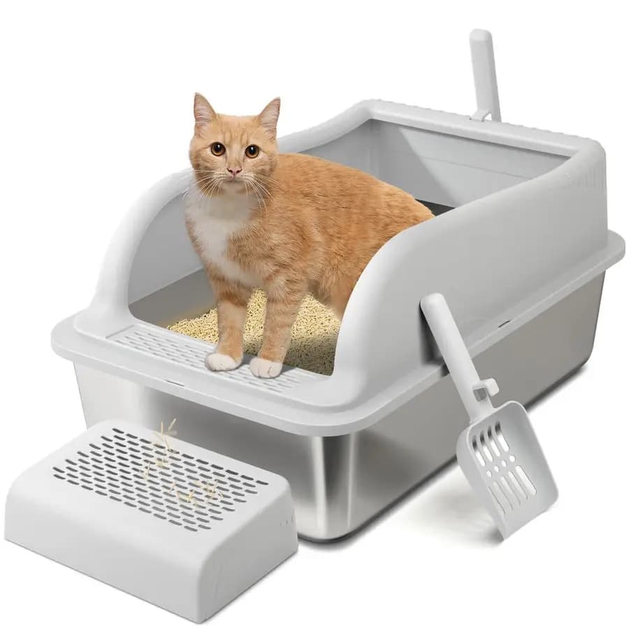 Lettiera per gatti in acciaio con coperchio, lettiera in metallo extra large per gatti grandi e gattini, lettiera XL con bordi alti, inodore, antiaderente
