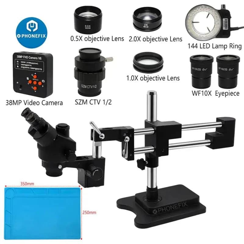 Microscopio stereo a doppio braccio nero 3,5X-90X Microscopio trinoculare con zoom simul-focale per riparazione di saldatura di circuiti stampati PCB del telefono