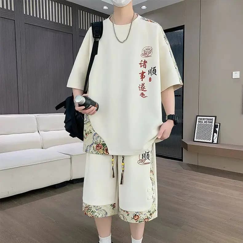 Summer Trendy Men's Sportswear Short Sleeve T-Shirt And Shorts Set Two-Piece Casual Polyester Youth Polyester Fiber