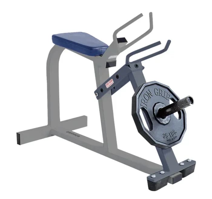 Hand grip machine for for forearm trainer with free weight of gym equipment loaded with commercial plate