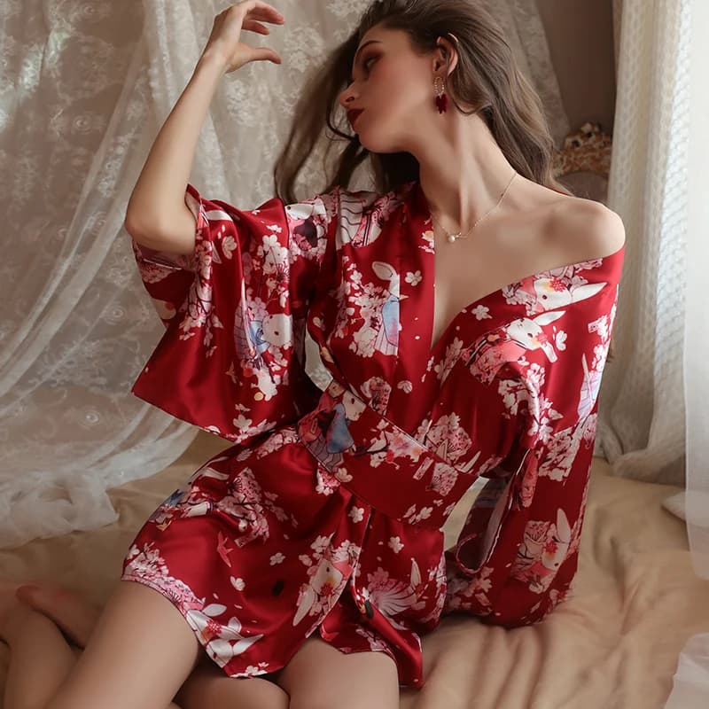 REBEYULI Brand Fashion Women's Robe Style Japanese Sexy Low Cut Cardigan pyjamas Flower Print Kimono women's robe satin dress