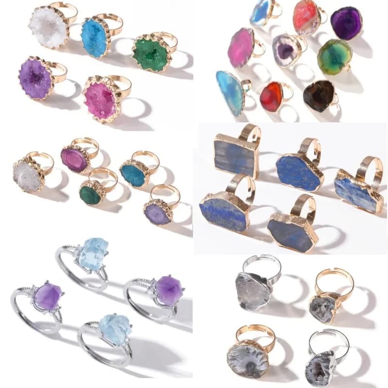 Colorful Agate Druzy Kyanite Raw Lapis Lazuli Slice Stone Ring Gold Plated Edge Labradorite Gemstone Ring for Women Men