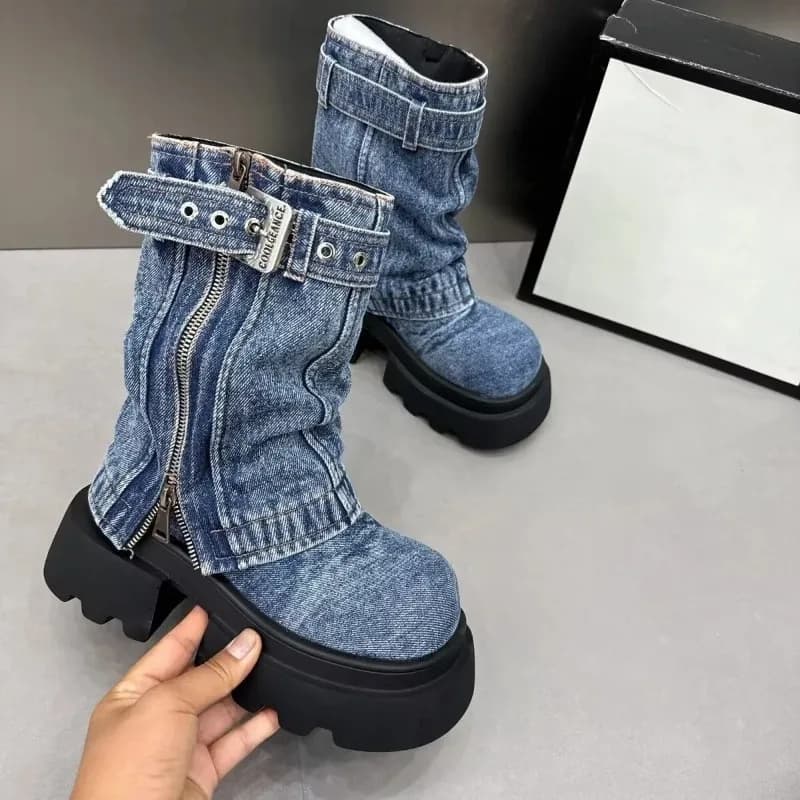 Denim Women Boots Morder Shoes Winter Belt Buckle Long Boots Fashion Hot Girl Western Cowboy Boots Platform Ladies Long Booties