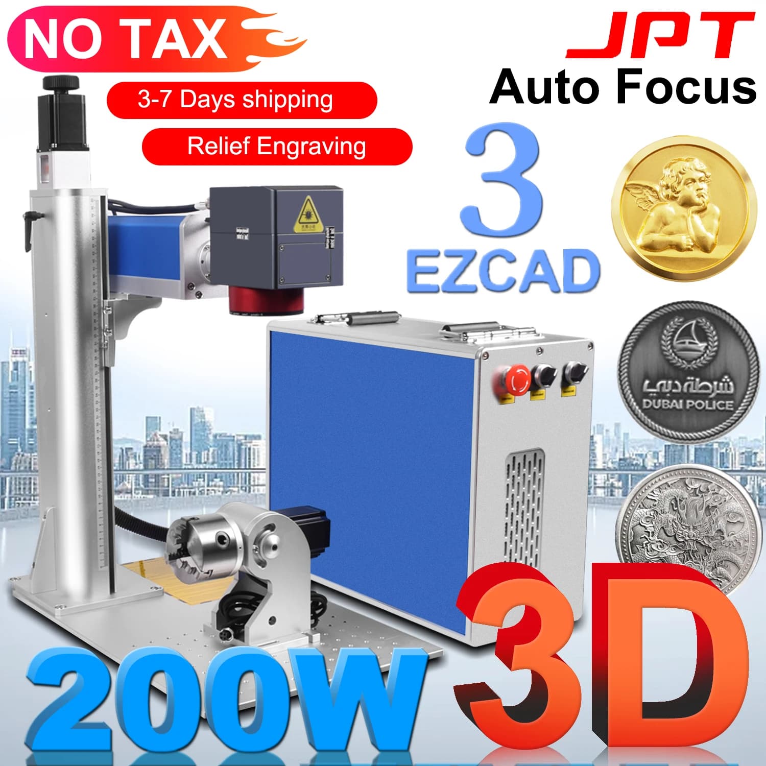 Laser Fiber Marking and Cutting Machine JPT 300W 2.5D with 3D Deep Engraving for All Metals, 200W Fiber Laser Engraver