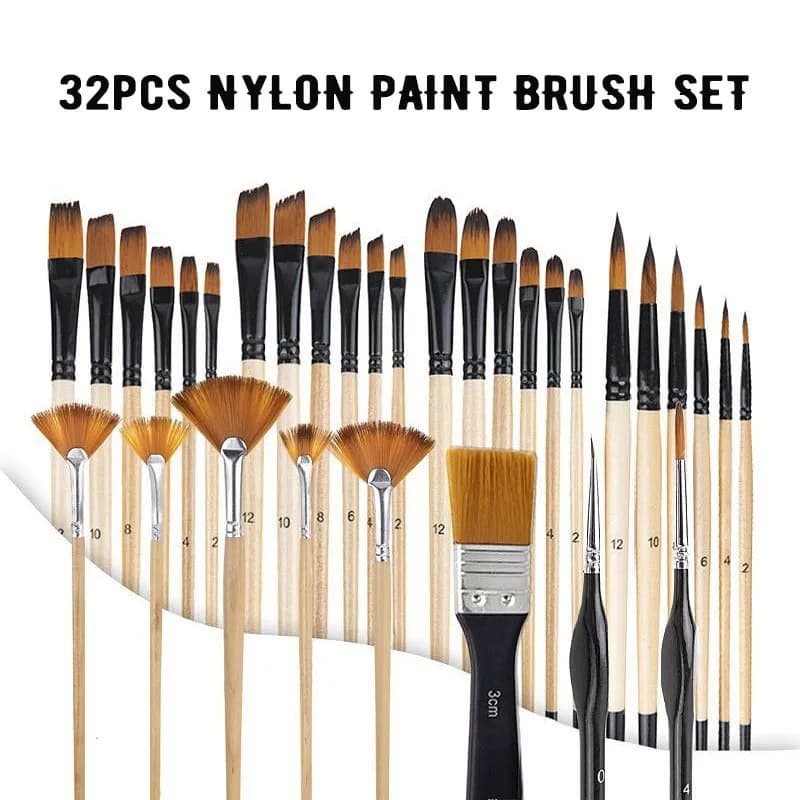32Pcs Nylon Paint Brush Set for Watercolor, Acrylic & Oil Painting, Wooden Handle