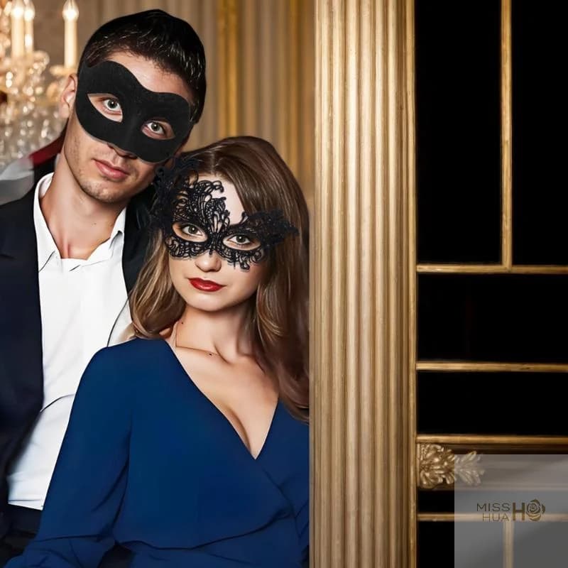 Set di 2, eleganti maschere in maschera di pizzo nero per coppia per feste in costume