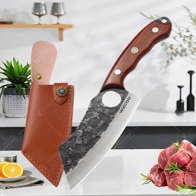 Coltello da Macellaio WXCOO Fatto a Mano, Multiuso, per Affettare Alimenti, con Manico in Legno, Forgiato, per BBQ e Uso Domestico