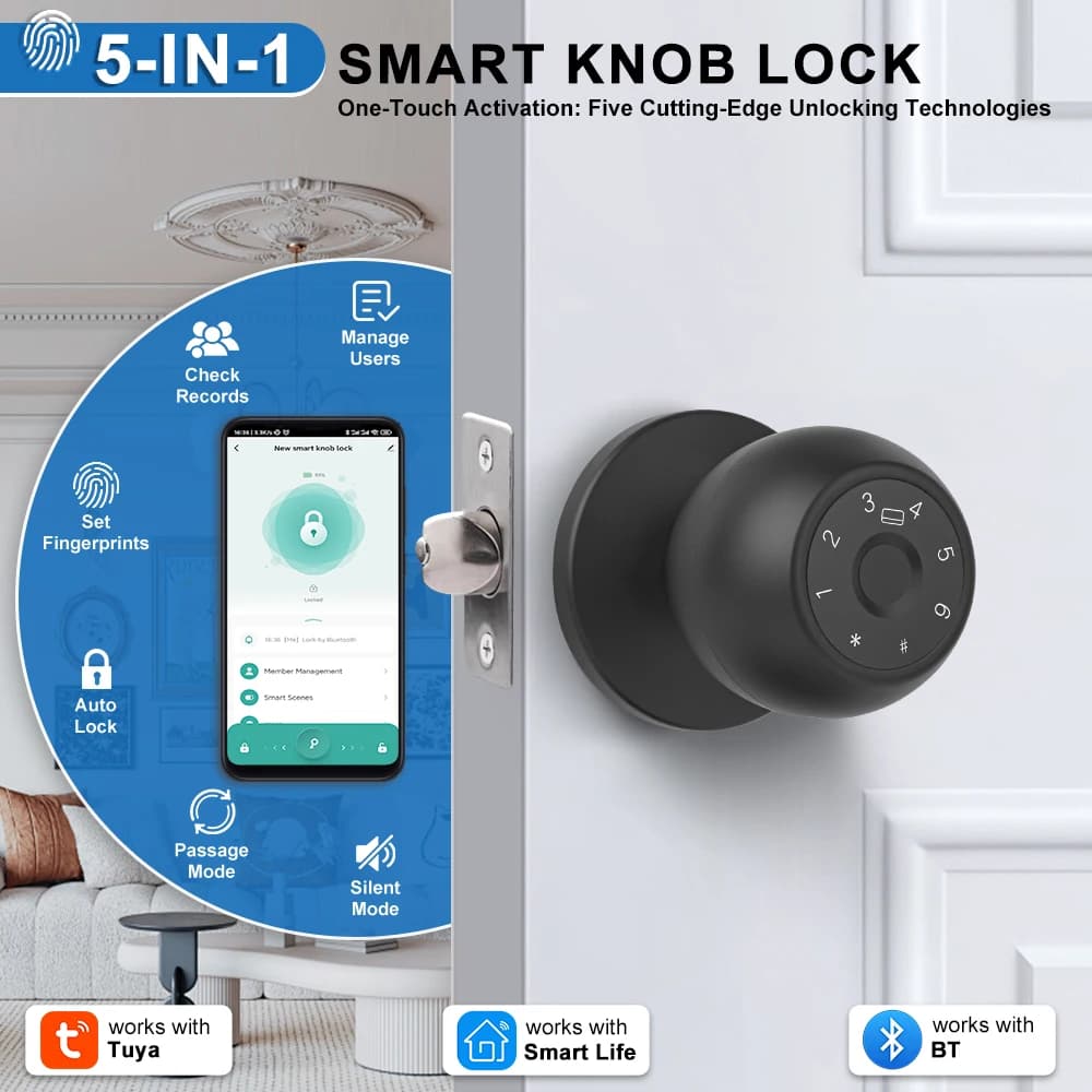 Serratura Smart Tuya Dispositivi intelligenti Maniglia per porta biometrica Bluetooth con impronta digitale Protezione di sicurezza Sistema Smart Home