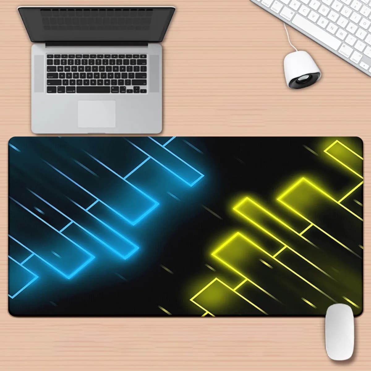 Tappetino per Mouse da Gaming Astratto Blu Neon e Giallo, Grande XXL, Superficie Antiscivolo in Gomma per PC e Laptop