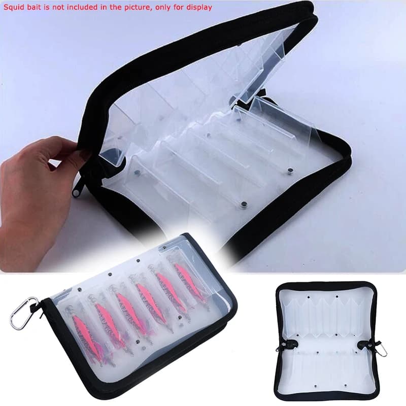 Custodia in plastica trasparente visiva per calamari, esca, gancio, con moschettone, gamberetti in legno, polpo, Egi, borsa per attrezzatura da pesca impermeabile