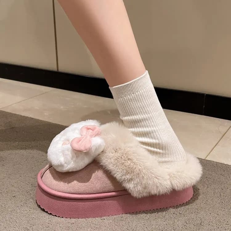 Women's Kawaii Pink Bow Hello Kitty Platform Plush Slippers Warm Fluffy Faux Fur Non-Slip Thick Sole Winter Indoor Home Slides