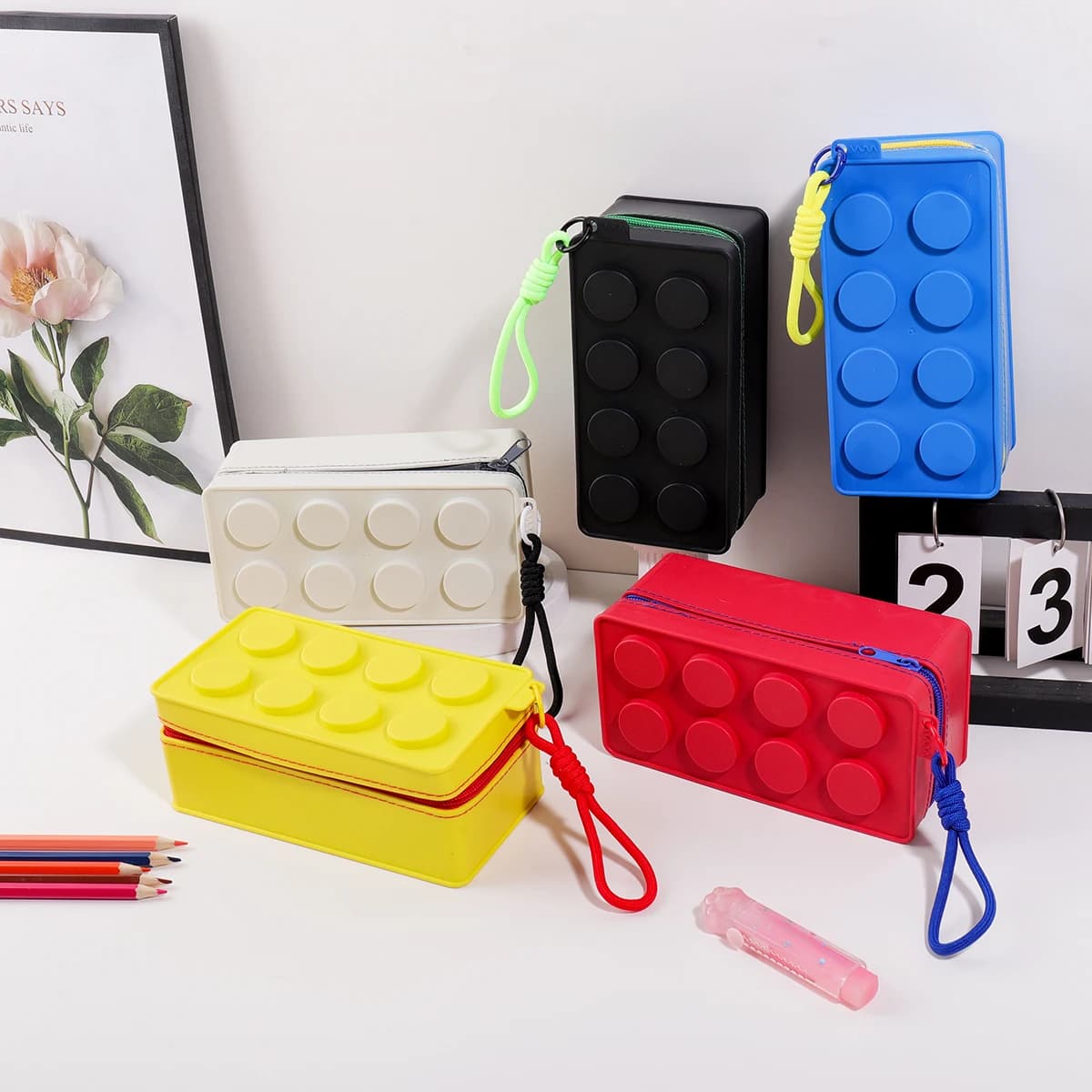 Astuccio in Silicone a Blocchi, Grande Capacità, con Cerniera, Organizer Portatile per Cancelleria con Cordino per Studenti e Ufficio