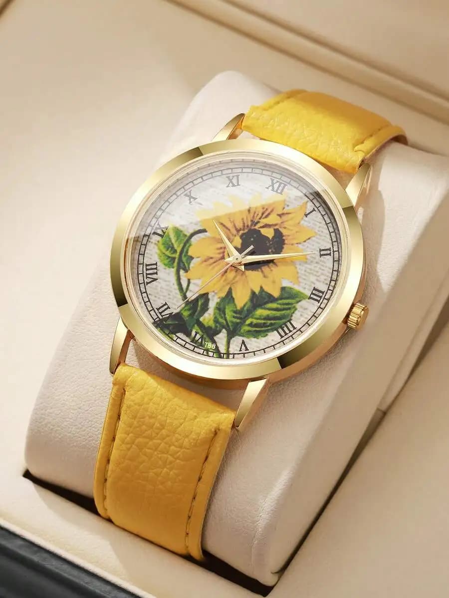Orologio da donna elegante con quadrante girasole, numeri romani, cinturino in pelle casual, movimento al quarzo