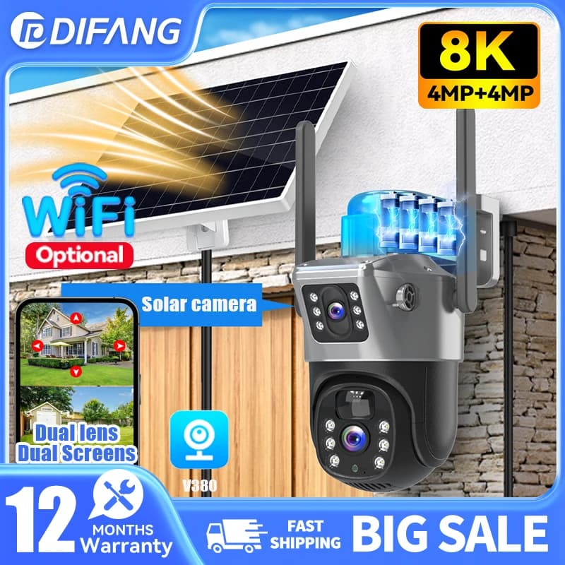 Telecamera di Sicurezza Solare V380 8MP con Doppia Lente, WiFi PTZ per Esterni, 2 Schermi, Tracciamento AI Automatico, Allarme, Registrazione 24/7, Batteria Integrata, CCTV